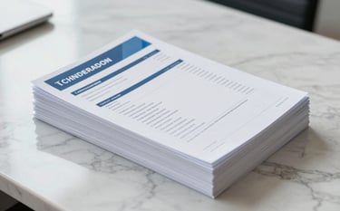 A stack of professionally bound corporate audit reports on a marble desk. The scene is bright and minimal, reflecting reliability and meticulous attention to detail.