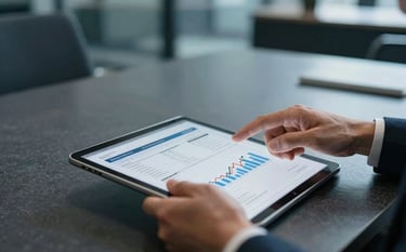 Close-up of a consultant's hands gesturing toward a financial planning spreadsheet on a tablet. The background is a blurred high-end corporate office with dusty slate and charcoal blue tones.