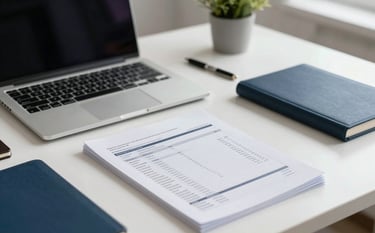 A professional desk setting with a laptop and organized tax documents. Soft natural lighting emphasizes a clean, corporate atmosphere with accents of midnight navy and charcoal blue in the office decor.
