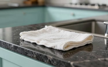 A close-up of a high-end North American kitchen with light aqua decor. A soft off-white microfiber cloth is seen polishing a dark marble countertop to a high-gloss shine. The scene is bright, airy, and conveys a feeling of meticulous cleanliness.