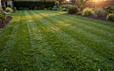 A perfectly manicured emerald green lawn of a North American estate with distinct, professional mowing lines. The landscape includes healthy garden beds with dark mulch, captured in the warm, soft light of a golden hour sunset.