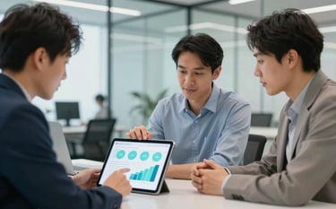 A professional IT consulting scene with two experts analyzing a digital strategy on a tablet in a bright, glass-walled office. The aesthetic is trustworthy and cutting-edge, utilizing brand colors #0E1A2C and #8FAACF in the interior details.