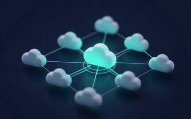 An abstract 3D visualization of cloud nodes and interconnected data lines representing server infrastructure. Glowing accents in #8FAACF and #E8EFF8 against a deep #0E1A2C background convey security and high-speed efficiency.