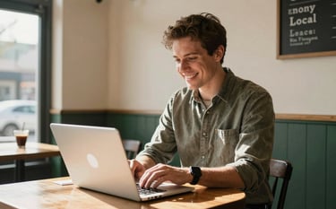 A friendly local business owner in a cozy Romney, West Virginia coffee shop, using a laptop to check professional business emails. The scene is bright with morning sunlight, showing warm beige and dark green interior tones. This candid photography captures an approachable North American / US (West Virginia / Virginia) entrepreneur at work.