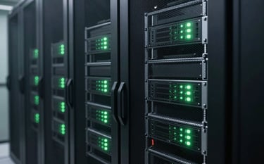 A sleek, modern server cabinet in a professional data center, glowing with soft light green LED indicators. The composition is clean and technical, shot with a shallow depth of field in a Winchester, Virginia facility. The atmosphere is reliable and modern, reflecting North American / US (West Virginia / Virginia) technological standards.