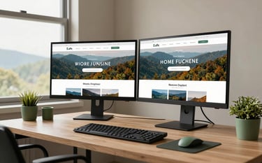 A professional designer's workstation with a dual-monitor setup showing a clean, modern website layout. The room is filled with soft natural light from a window, with a view of the West Virginia landscape. The interior features beige walls and medium green desk accessories, creating a professional and approachable North American / US (West Virginia / Virginia) office vibe.