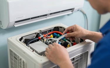 A close-up of a certified technician's hands carefully checking the internal components of a clean, modern air conditioning unit. The tools are professional and neatly organized. The style is efficient and reliable, using a color palette of #F6F8FA for the unit and #4A6D7C for the background shadows.