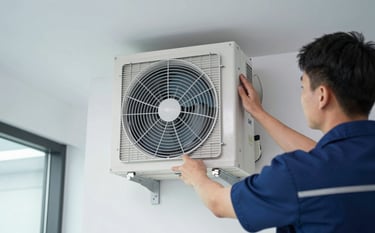 A high-end VRF climate control system unit being installed in a modern office space. The scene features a technician in a professional uniform. The lighting is clean and bright, emphasizing a modern professional vibe. Elements of the brand palette #1B2A3D and #4A6D7C are present in the technician's attire and the architectural details.