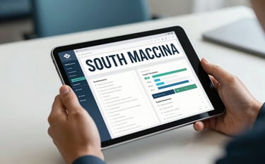 High-quality photography of hands using a modern tablet in a South American / Brazilian professional setting. The tablet displays a clean, bold management interface. Background is a blurred, minimalist office with Muted Ocean Blue and Clean Off-White tones.