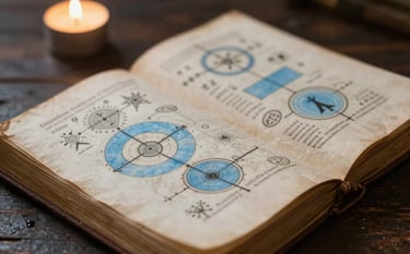 A detailed close-up of an ancient, open manuscript showing symbolic diagrams on aged paper, placed on a dark wood surface, lit by a soft, warm candle-like glow, incorporating tones of dark slate and pale sky blue.