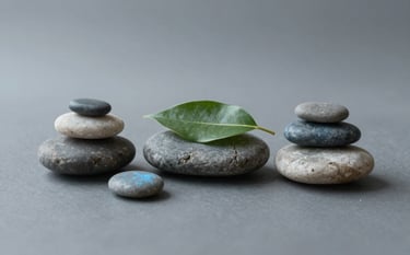 A minimalist composition of smooth river stones and a green leaf on a surface of soft mist grey, with subtle accents of muted steel blue, suggesting balance, healing, and Taoist principles.