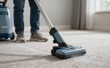 Close-up of a professional steam cleaning wand moving across a high-quality textured carpet, showing a clear 'clean' line. The lighting is bright and natural. Brand colors #4A6B7E and #8EA4AF are reflected in the professional equipment and room accents. The mood is efficient and restorative.