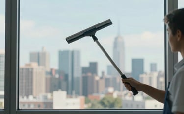 A view through a perfectly clean window pane looking out onto a city skyline. A squeegee is being pulled across the glass by a professional in a uniform. The sky is bright, with brand colors #8EA4AF and #F0F4F7 dominating the palette. The composition is clean and modern.
