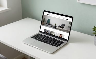 A high-angle photograph of a modern, clean desk in a bright North American / US home office. A high-end laptop is open on the desk, displaying a minimalist professional website. The surrounding room is decorated with subtle Sage Green accents and Pale Mist walls.