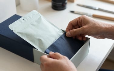 A close-up photograph of hands carefully packing an artisanal niche product into a box in a bright North American / US small business studio. The packaging materials are high-quality, using colors like Pale Mist and Dark Navy.