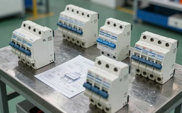 A clean, high-angle technical photograph of professional electrical safety drawings and UL-listed circuit breakers laid out on a steel workbench in a modern North American / International industrial facility, with soft off-white and steel blue accents in the background.