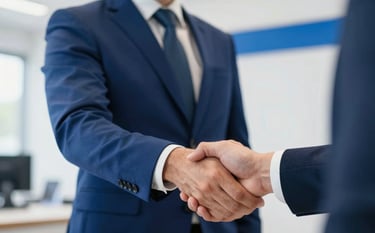 A close-up shot of a handshake between a professional sales agent and a client in a bright, minimalist Southern European / Spanish dealership with white and vibrant royal blue accents.