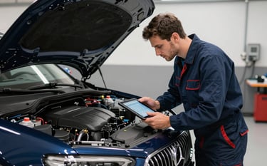 A professional automotive technician in a clean, modern Southern European / Spanish garage using a digital tablet to inspect the engine of a dark navy blue luxury car.