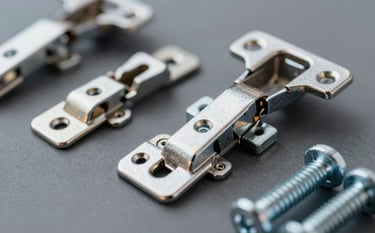 Close-up of high-quality metallic hardware items like polished steel door hinges, heavy-duty bolts, and industrial screws arranged neatly on a dark gray surface. The lighting is professional and sharp, highlighting the metallic textures and precision of the parts. Incorporates a clean, modern aesthetic with subtle hints of #3A506B.