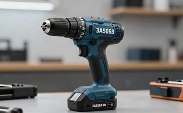 A high-end professional cordless power drill in dark blue and black colors, standing on a clean workbench. The background is a modern, organized workshop. The lighting is bright, emphasizing the tool's durability and precision. Matches the #3A506B brand color profile.