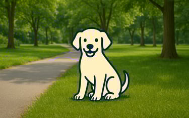 Cartoon dog sitting near park path – Doo Ing It commercial pet waste cleanup services for apartments