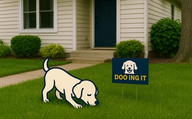 Cartoon dog sniffing grass next to Doo Ing It yard sign – weekly and twice weekly pet waste removal 