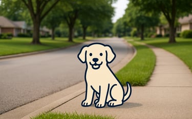 Cartoon dog sitting on sidewalk in neighborhood – Doo Ing It one-time deep yard cleanup pet waste re