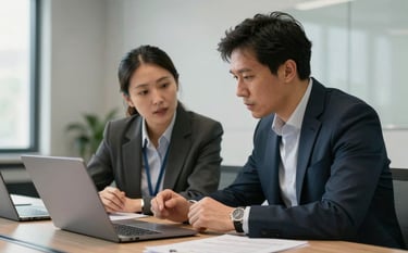Two professionals collaborating in a high-tech Global / International conference room, discussing outsourcing strategies. Lighting is soft and natural, emphasizing a professional atmosphere.