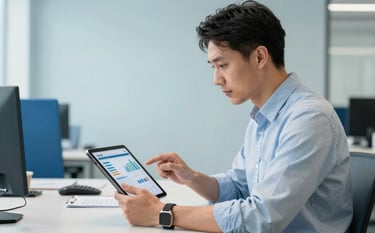 A professional in a modern Global / International office reviewing data-driven HR trend reports on a tablet. The setting is bright and clean with mist blue walls and steel blue furniture accents.