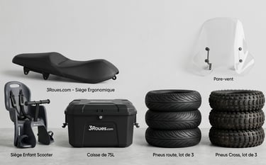 accessoires scooter électrique 3 roues coffre pare vent siège