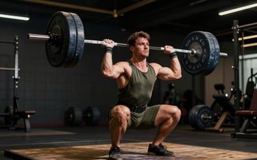 A powerful athlete performing a clean and jerk in a high-end gym. The lighting is cinematic with deep shadows in dark black and highlights in muted gold. The athlete is wearing high-performance gear in dark olive.