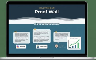 Solopreneur proof wall showing client testimonials, case studies, and revenue growth results