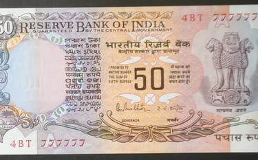 Indian 50 rupee banknote featuring solid 777777 serial number