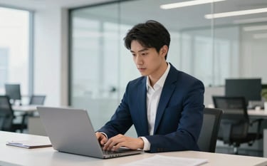 A focused young professional in a sharp navy suit working on a high-end laptop in a bright, modern London-style office. Minimalist desk setup with glass partitions and soft focus on architectural lines. Incorporates brand palette #F6F7F9 and #0C1E2B.