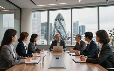 A professional group meeting in a boardroom with large windows overlooking the Gherkin and London skyline. Modern, minimalist interior, natural light, reflecting an atmosphere of exclusive high-finance collaboration. Highlights #0C1E2B and #F6F7F9.