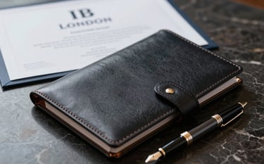 A close-up of a premium, leather-bound portfolio and a high-end fountain pen on a dark marble desk. A professional London IIB certificate visible in the background. Soft, prestigious lighting in #0C1E2B tones.