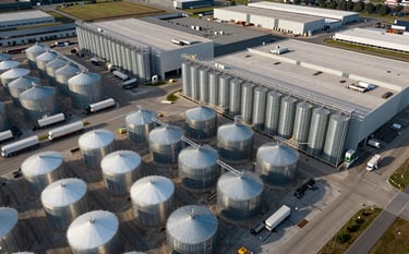 An aerial drone view of a massive, modern agricultural distribution hub with organized rows of storage silos and logistics trucks, reflecting a clean and professional supply chain. Global / International setting.