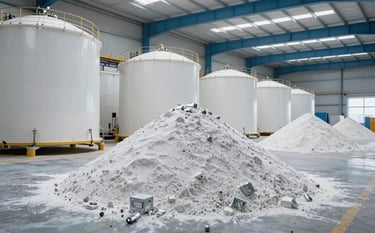 A wide-angle professional shot of aluminum sulfate storage in a modern Middle Eastern / Egyptian with Global Reach distribution center. Large white industrial containers are organized neatly under cool, bright lighting with light blue and medium blue structural elements.