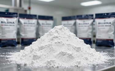 A clean, industrial photography shot of high-quality white sodium sulfate powder being handled in a professional manufacturing facility in a Middle Eastern / Egyptian with Global Reach setting. The lighting is bright and clear, reflecting a sterile B2B environment with subtle dark navy accents on the packaging.