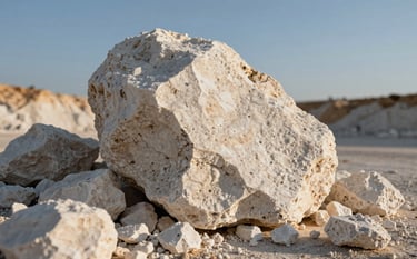 Close-up photography of raw natural mineral gypsum in a Middle Eastern / Egyptian with Global Reach quarry setting. The afternoon sun creates warm shadows on the off-white mineral surfaces, emphasizing texture and quality. Background shows a clear blue sky.