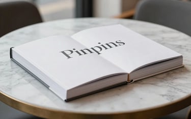 A close-up photograph of a premium, matte-finish editorial book resting on a marble table in a bright Global / International café. The lighting is soft and diffuse, highlighting the elegant Poppins typography. Colors are dominated by shades of ghost white and slate grey.