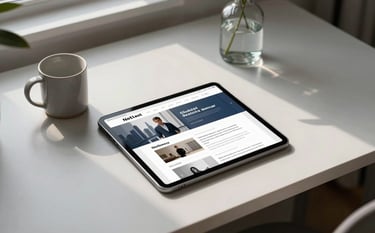 A high-angle, premium lifestyle photograph of a minimalist home office in a Global / International city. A tablet on a sleek desk displays a clean newsletter layout. The scene includes a ceramic mug and a single green leaf in a glass vase. Color palette features soft ash and midnight blue tones with soft, natural morning light.