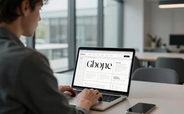 A professional in a Global / International co-working space, viewed from behind, looking at a laptop screen filled with elegant typography and card-based web layouts. The environment is modern with slate grey and pale mist accents, featuring floor-to-ceiling windows and blurred architectural details.