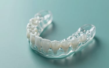 A clean, artistic macro shot of modern orthodontic clear aligners on a reflective surface. The image uses soft teal (#9DC3C2) and white lighting to convey advanced technology and patient comfort in dental care.