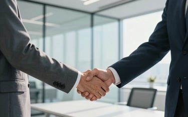A professional handshake between two individuals in a bright, modern North American / US corporate office. The scene features clean glass walls and Mist White surfaces. The attire is sophisticated business professional, with soft morning light illuminating the handshake to convey trust and partnership, accented with Soft Sky Blue tones.