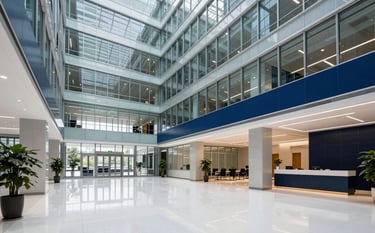 A wide shot of a sophisticated, high-tech North American / US corporate headquarters lobby. The architecture features clean lines, glass, and polished Mist White floors. The atmosphere is professional and modern, with Deep Sea Blue and Dark Navy branding elements visible in the background.