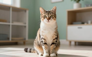 A hopeful image of a domestic shorthair cat sitting in a sunlit foster home. The composition is clean and inviting, with soft light hitting its fur. The room features a professional and calm aesthetic with hints of #5C7B6C and #F4F6F4 in the decor. High quality, clear photography.