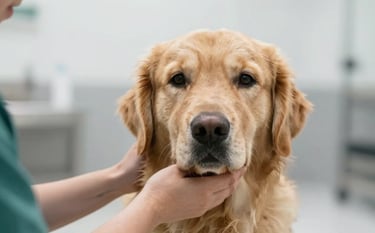 A close-up, compassionate shot of a rescued golden retriever being gently patted by a person wearing a muted green sleeve. The background is a clean, softly lit professional shelter setting with #F4F6F4 and #A4BBAA tones. The lighting is warm and hopeful, emphasizing a sense of safety and dignity.