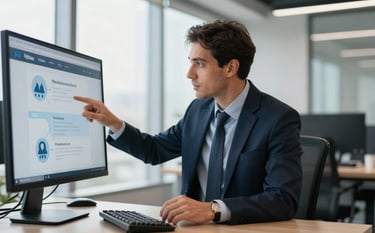 A professional business consultant in a modern North American / Global Turkish office environment, reviewing digital marketplace protection strategies on a screen, soft morning light, professional attire, incorporating charcoal navy and soft ice blue tones.