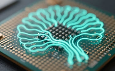 An abstract, close-up shot of a sophisticated processor with glowing teal energy lines, representing neural network complexity, clean and inspiring mood, Global / Modern.